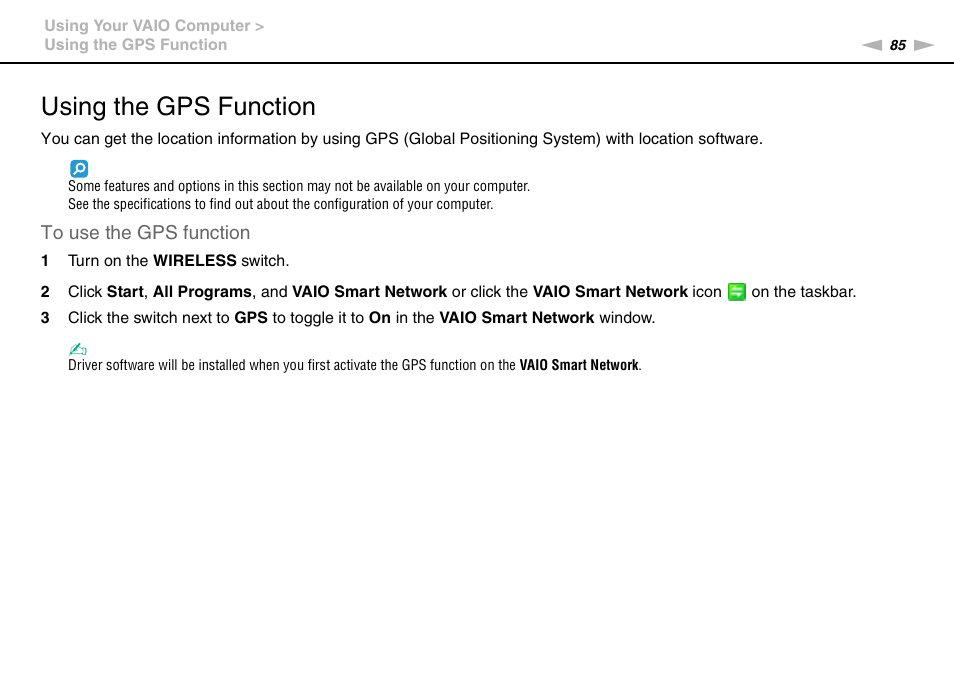 Using the gps function | Sony VAIO VPCZ2 User Manual | Page 85 / 212