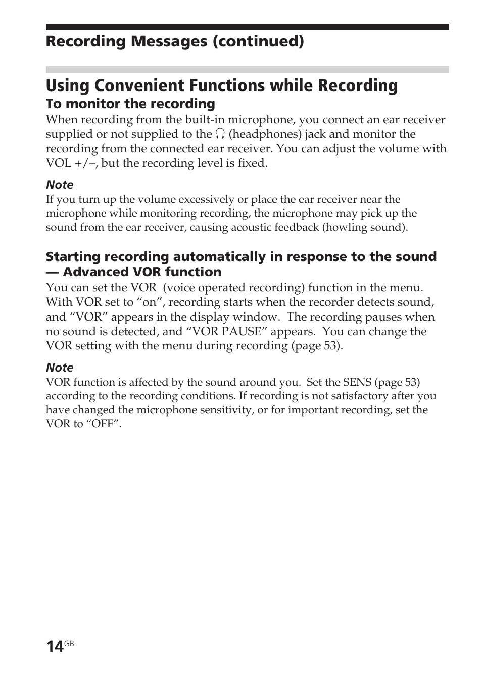 Using convenient functions while recording, Advanced vor, Monitoring recording | Recording messages (continued) | Sony ICD-SX20 User Manual | Page 14 / 68