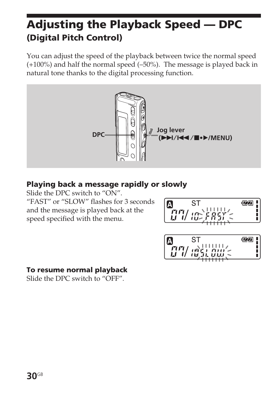 Adjusting the playback speed — dpc | Sony ICD-SX20 User Manual | Page 30 / 68