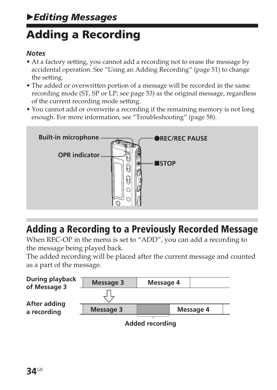 Editing messages, Adding a recording, Bediting messages | Sony ICD-SX20 User Manual | Page 34 / 68