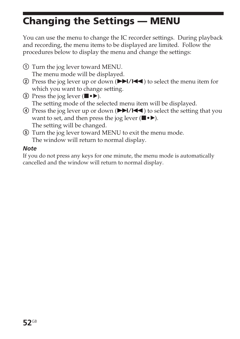 Changing the settings — menu | Sony ICD-SX20 User Manual | Page 52 / 68