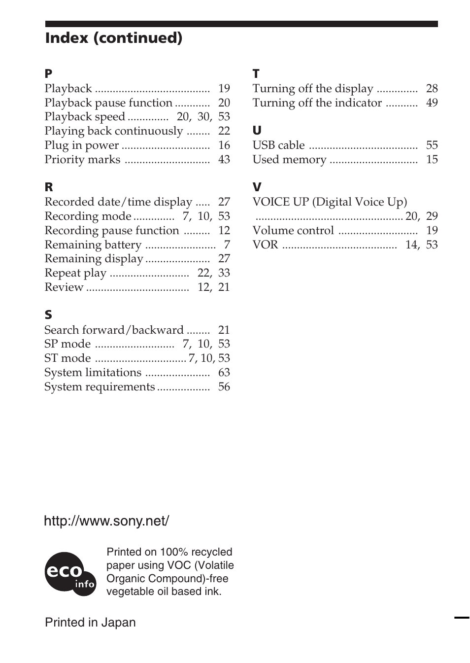Index (continued) | Sony ICD-SX20 User Manual | Page 68 / 68