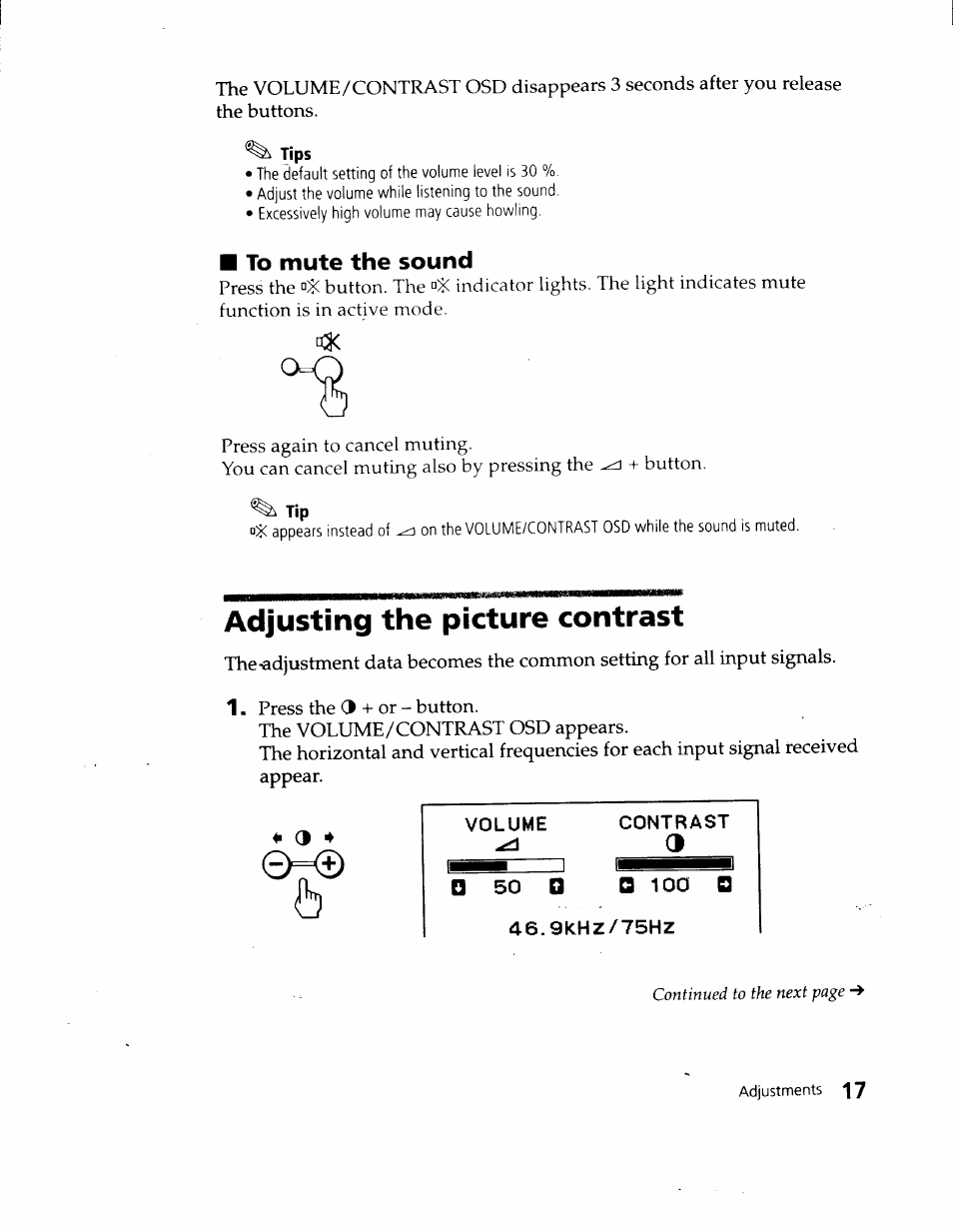 Tips, Contrast, 50 □ ca 100 d | 9khz/75hz, Adjusting the picture contrast | Sony CPD-120VS User Manual | Page 17 / 32