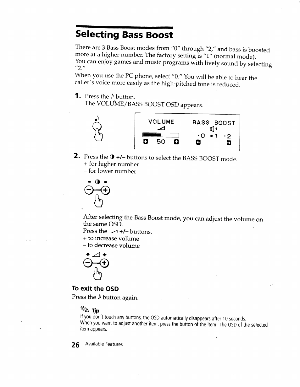 To exit the osd, Selecting bass boost | Sony CPD-120VS User Manual | Page 26 / 32