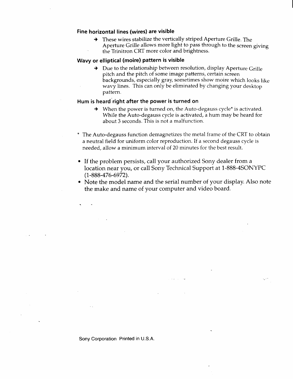 Fine horizontal lines (wires) are visible, Wavy or elliptical (moire) pattern is visible, Hum is heard right after the power is turned on | Sony CPD-120VS User Manual | Page 32 / 32