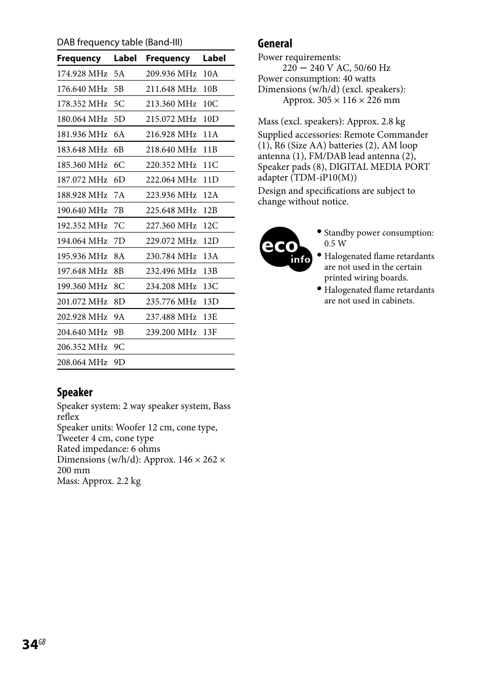 Speaker, General | Sony CMT-HX80 User Manual | Page 34 / 36