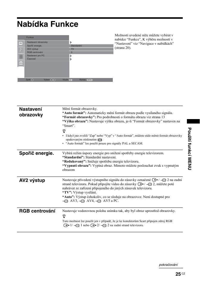 Nabídka funkce, Nastavení obrazovky, Spořič energie | Av2 výstup, Rgb centrování, Použití funkcí menu | Sony BRAVIA KDL-26T30 User Manual | Page 127 / 204