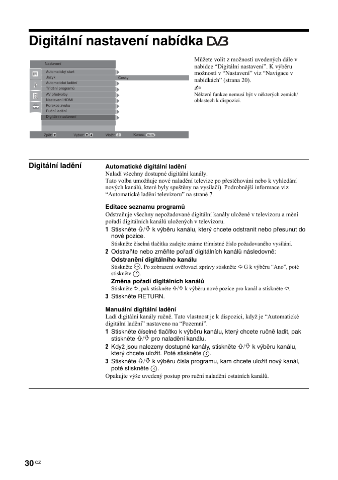 Digitální nastavení nabídka, Digitální ladění | Sony BRAVIA KDL-26T30 User Manual | Page 132 / 204