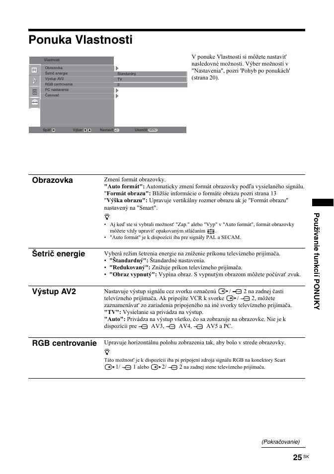 Ponuka vlastnosti, Obrazovka, Šetrič energie | Výstup av2, Rgb centrovanie, Používanie funkcií ponuky | Sony BRAVIA KDL-26T30 User Manual | Page 161 / 204