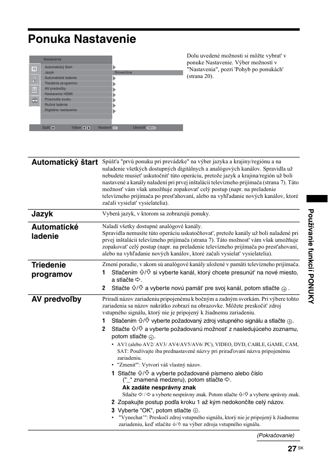 Ponuka nastavenie, Automatický štart, Jazyk | Automatické ladenie, Triedenie programov, Av predvoľby, Používanie funkcií ponuky | Sony BRAVIA KDL-26T30 User Manual | Page 163 / 204