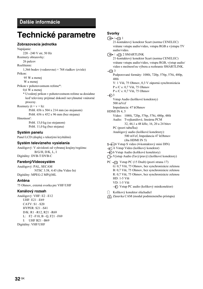 Technické parametre, Ďalšie informácie | Sony BRAVIA KDL-26T30 User Manual | Page 168 / 204