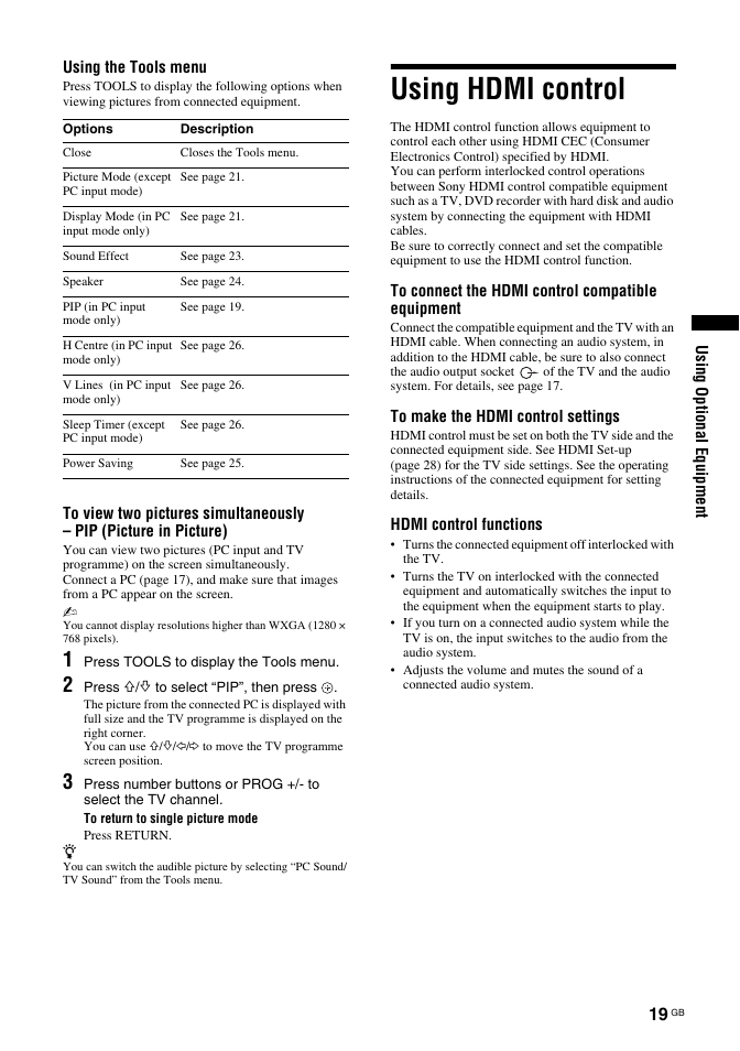 Using hdmi control | Sony BRAVIA KDL-26T30 User Manual | Page 19 / 204