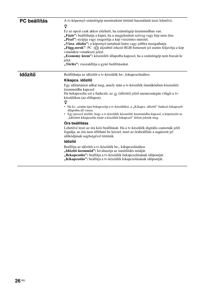 Pc beállítás, Időzítő | Sony BRAVIA KDL-26T30 User Manual | Page 196 / 204