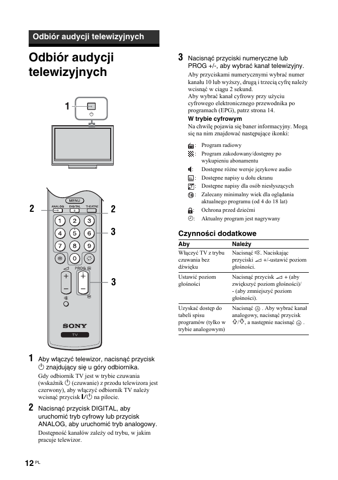 Odbiór audycji telewizyjnych | Sony BRAVIA KDL-26T30 User Manual | Page 80 / 204