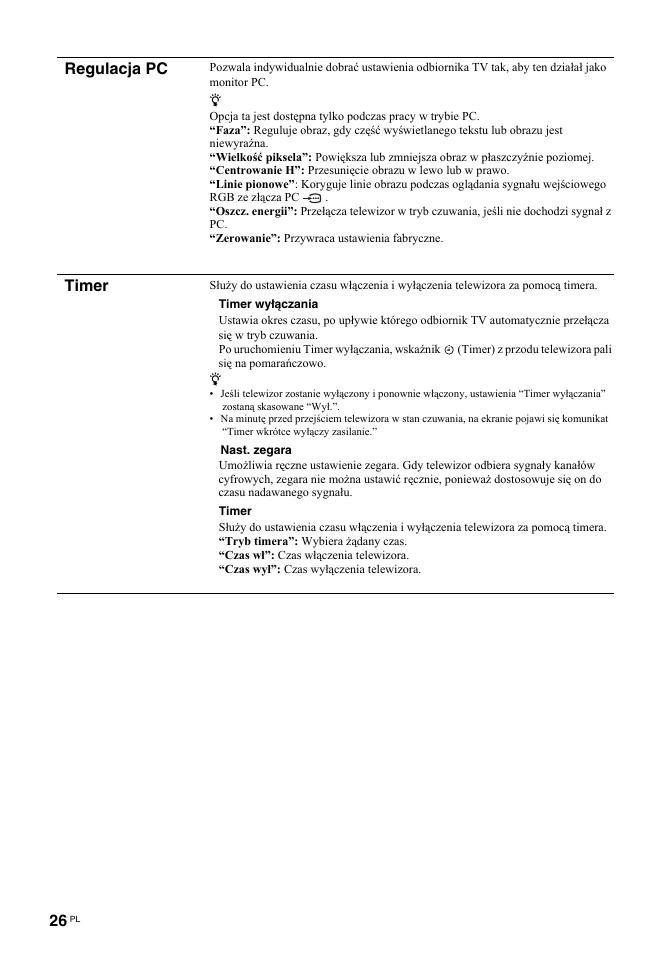 Regulacja pc, Timer | Sony BRAVIA KDL-26T30 User Manual | Page 94 / 204