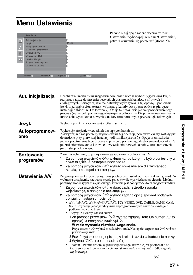 Menu ustawienia, Aut. inicjalizacja, Język | Autoprogramow- anie, Sortowanie programów, Ustawienia a/v, Korzystanie z funkcji menu | Sony BRAVIA KDL-26T30 User Manual | Page 95 / 204