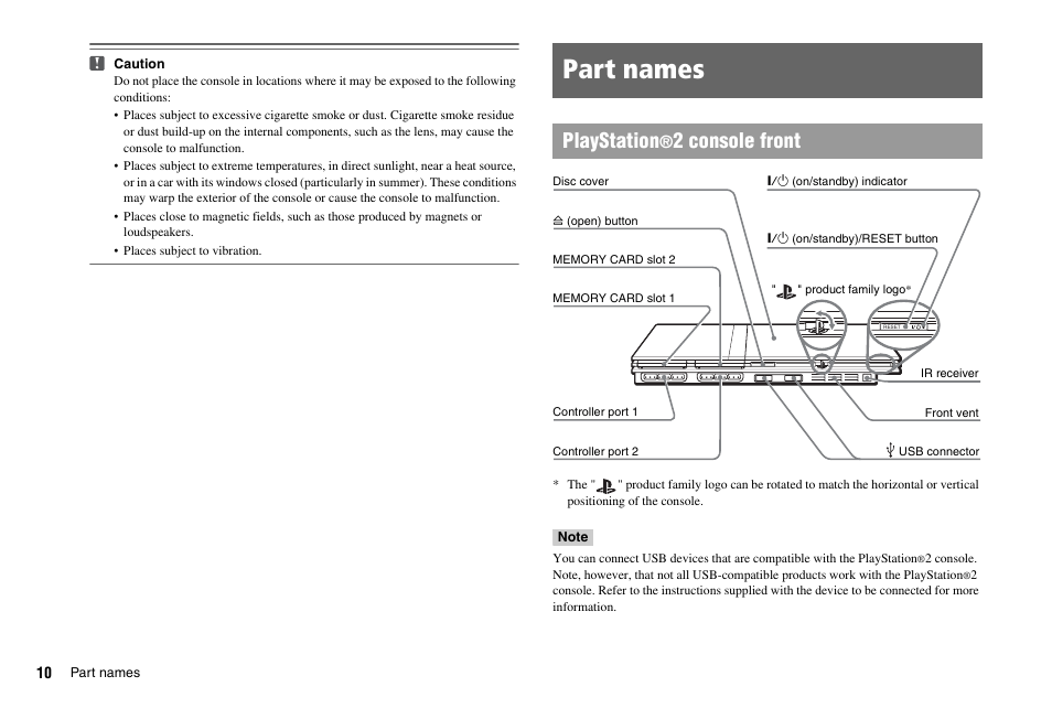 Part names, Playstation, 2 console front | Sony PS 2 SCPH-77001CB User Manual | Page 10 / 172