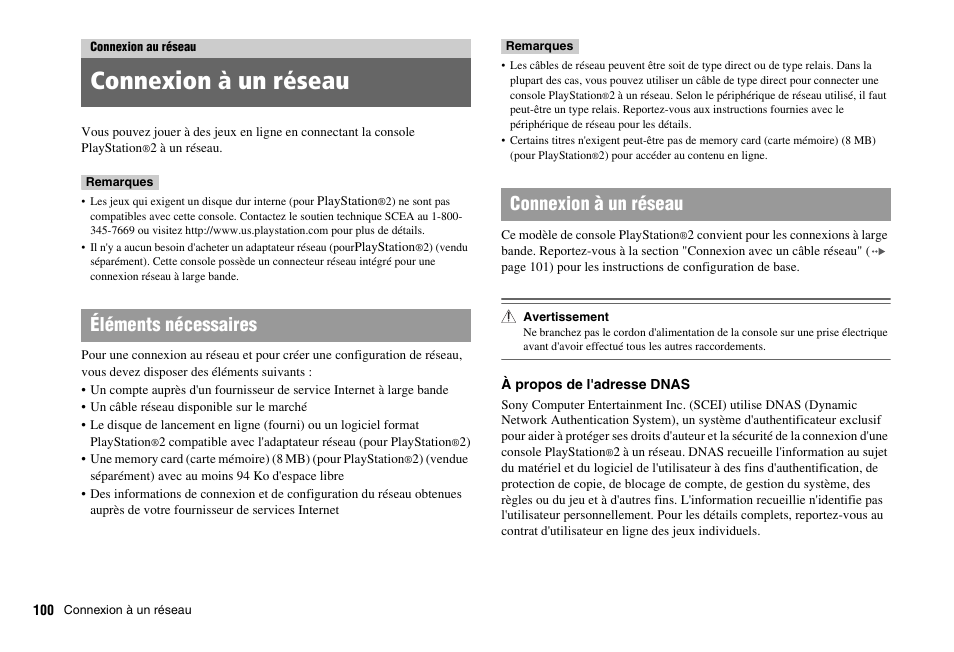 Connexion au réseau, Connexion à un réseau, Éléments nécessaires connexion à un réseau | Sony PS 2 SCPH-77001CB User Manual | Page 100 / 172