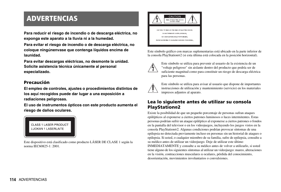 Advertencias | Sony PS 2 SCPH-77001CB User Manual | Page 114 / 172