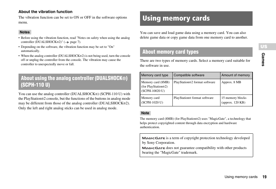 Using memory cards, About using the analog controller (dualshock, Scph-110 u) | Sony PS 2 SCPH-77001CB User Manual | Page 19 / 172