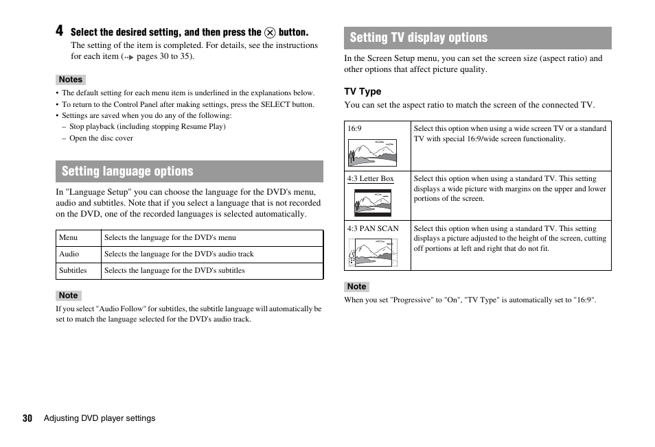 Setting language options, Setting tv display options | Sony PS 2 SCPH-77001CB User Manual | Page 30 / 172
