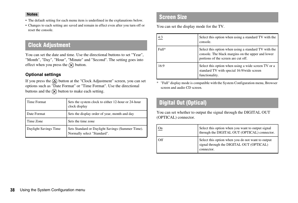Clock adjustment, Screen size, Digital out (optical) | Sony PS 2 SCPH-77001CB User Manual | Page 38 / 172