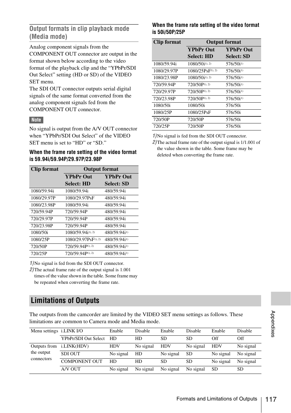 Limitations of outputs, Output formats in clip playback mode (media mode) | Sony XDCAM EX PMW-EX1 User Manual | Page 117 / 132