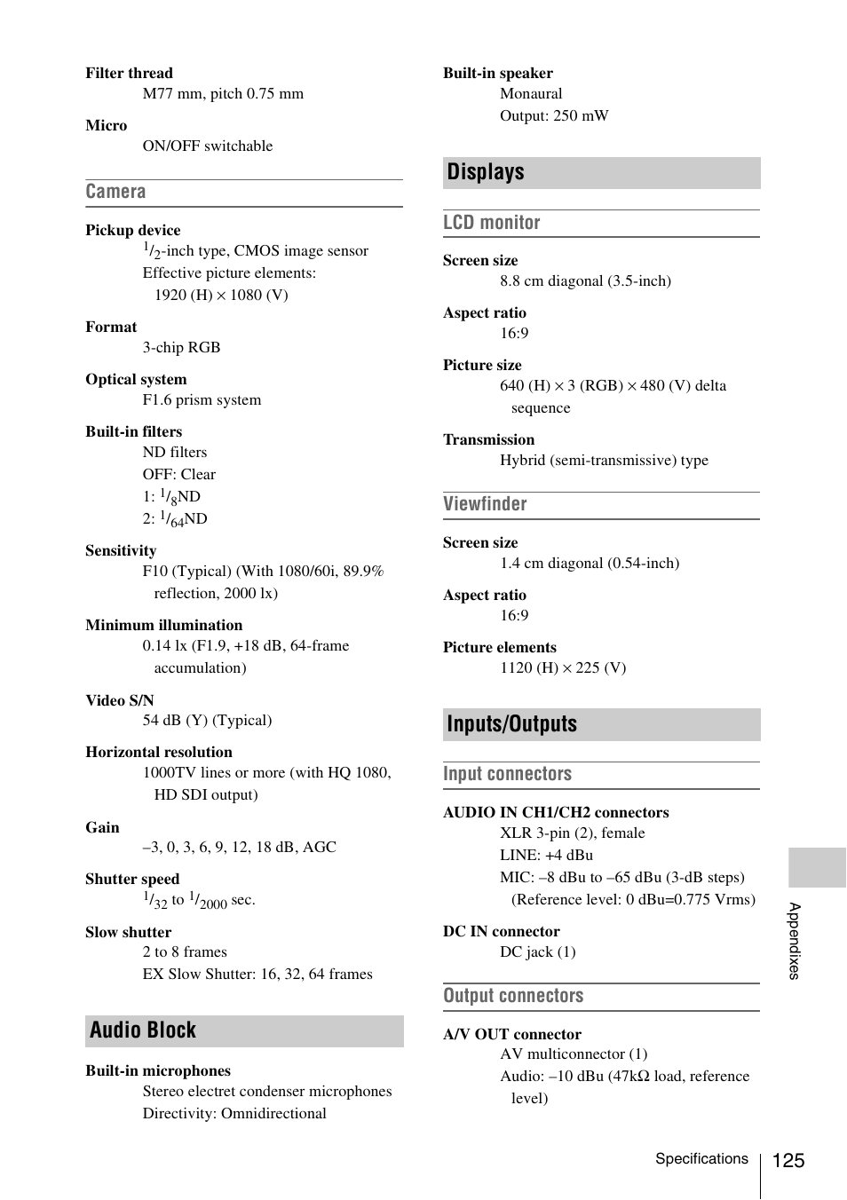 Audio block, Displays, Inputs/outputs | Audio block displays inputs/outputs, Camera, Lcd monitor, Viewfinder, Input connectors, Output connectors | Sony XDCAM EX PMW-EX1 User Manual | Page 125 / 132