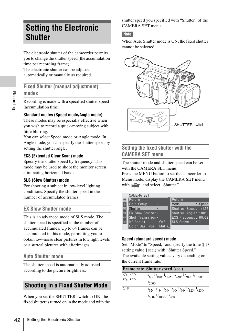 Setting the electronic shutter, Shooting in a fixed shutter mode, Fixed shutter (manual adjustment) modes | Ex slow shutter mode, Auto shutter mode, Setting the fixed shutter with the camera set menu, Frame rate shutter speed (sec.) | Sony XDCAM EX PMW-EX1 User Manual | Page 42 / 132