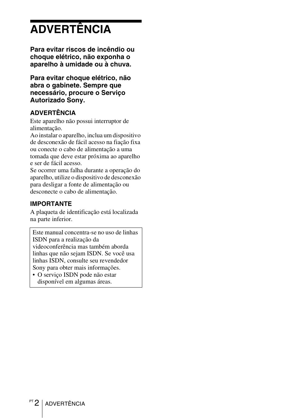Guia de operação, Advertência | Sony PCS-11 User Manual | Page 138 / 156
