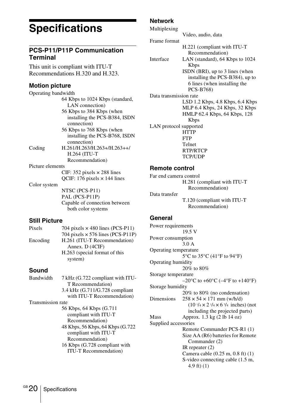 Specifications, Pcs-p11/p11p communication terminal | Sony PCS-11 User Manual | Page 42 / 156