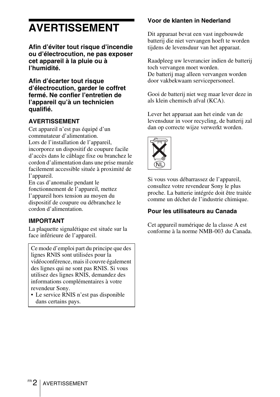 Guide d’utilisation, Avertissement | Sony PCS-11 User Manual | Page 46 / 156