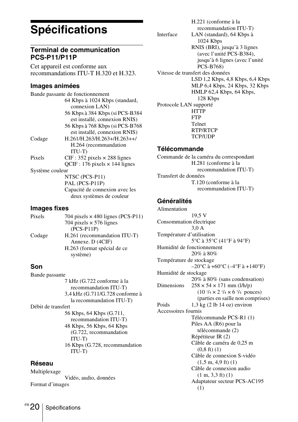 Spécifications, Terminal de communication pcs-p11/p11p | Sony PCS-11 User Manual | Page 64 / 156