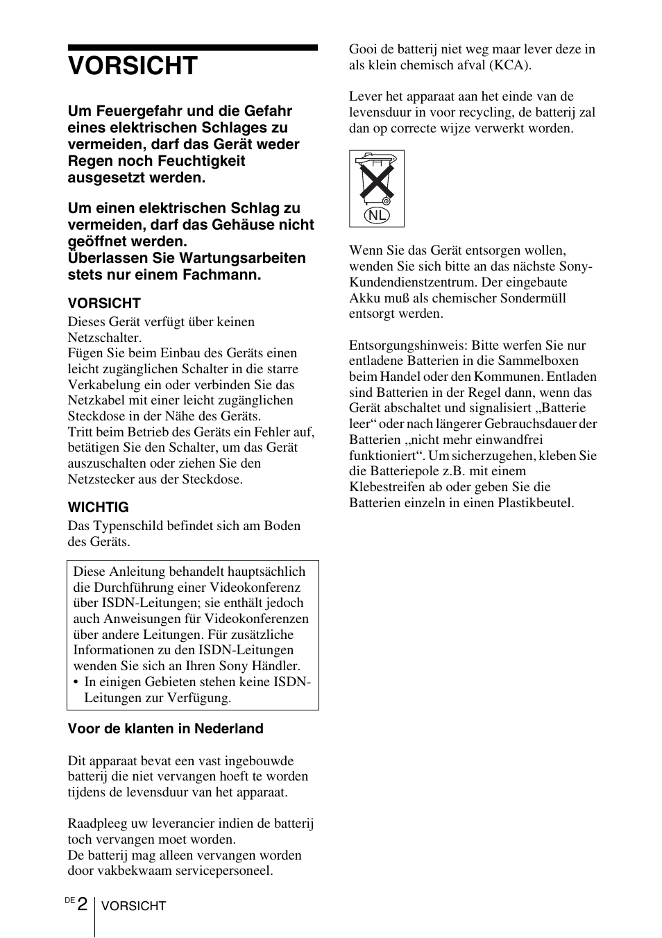 Bedienanleitung, Vorsicht | Sony PCS-11 User Manual | Page 68 / 156