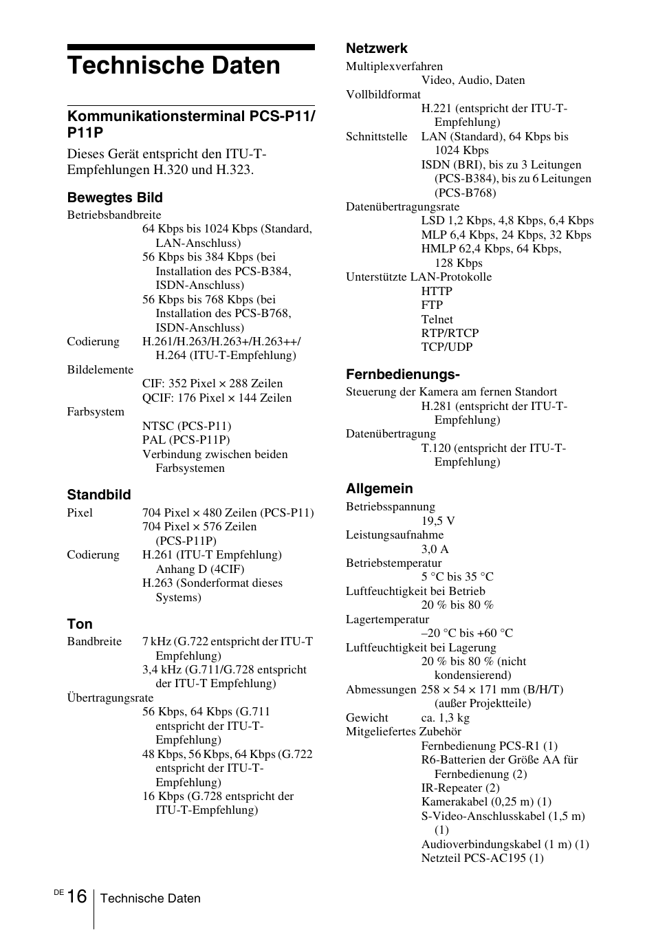 Technische daten, Kommunikationsterminal pcs-p11/ p11p | Sony PCS-11 User Manual | Page 82 / 156