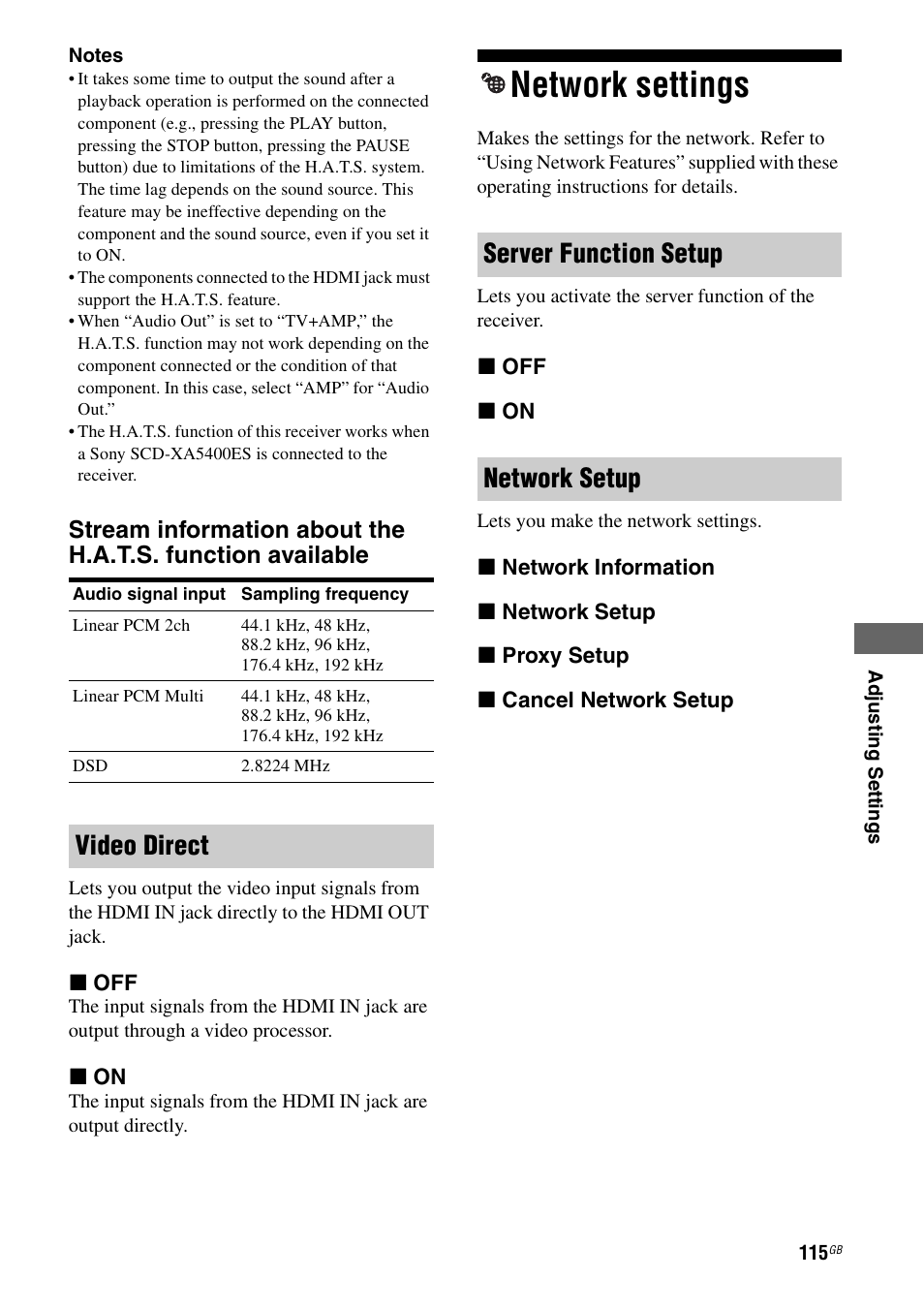 Network settings, Video direct server function setup network setup | Sony 3-875-814-21(1) User Manual | Page 115 / 162