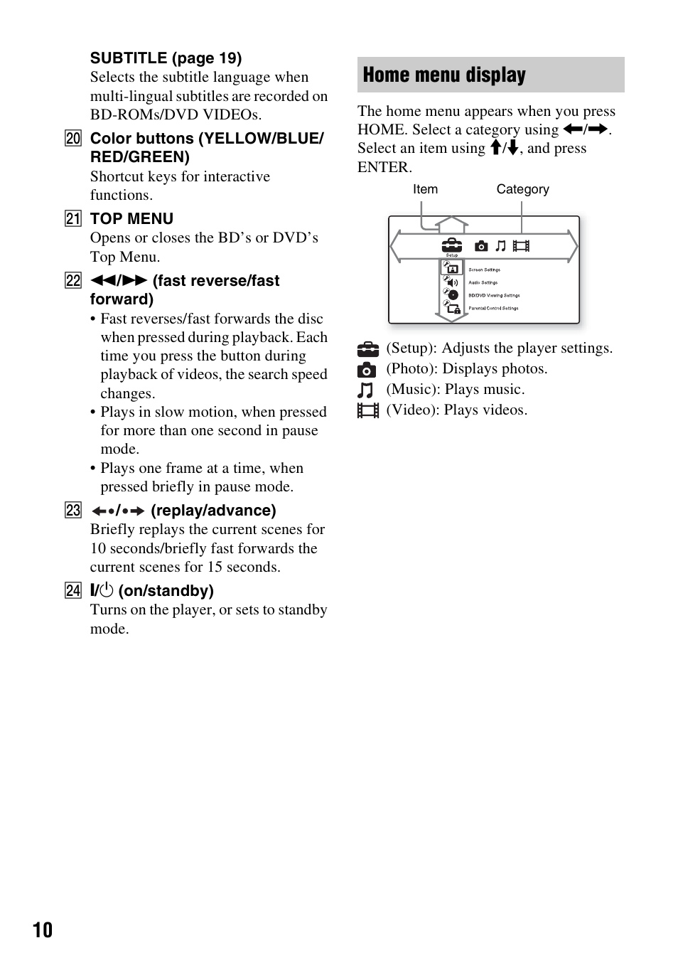 Home menu display | Sony BDP-SX910 User Manual | Page 10 / 28