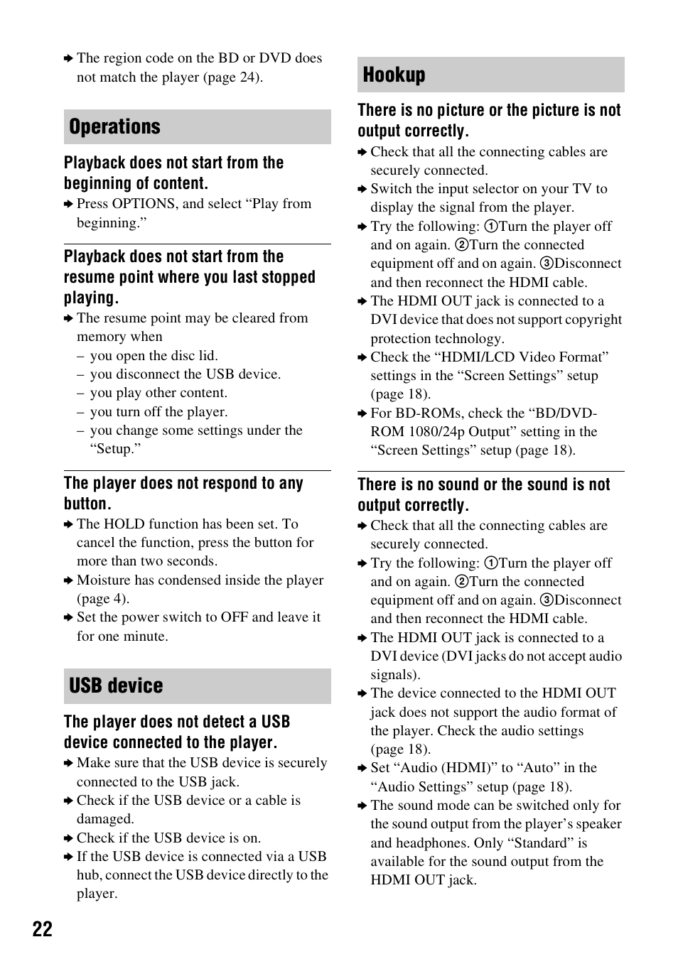 Operations usb device hookup | Sony BDP-SX910 User Manual | Page 22 / 28