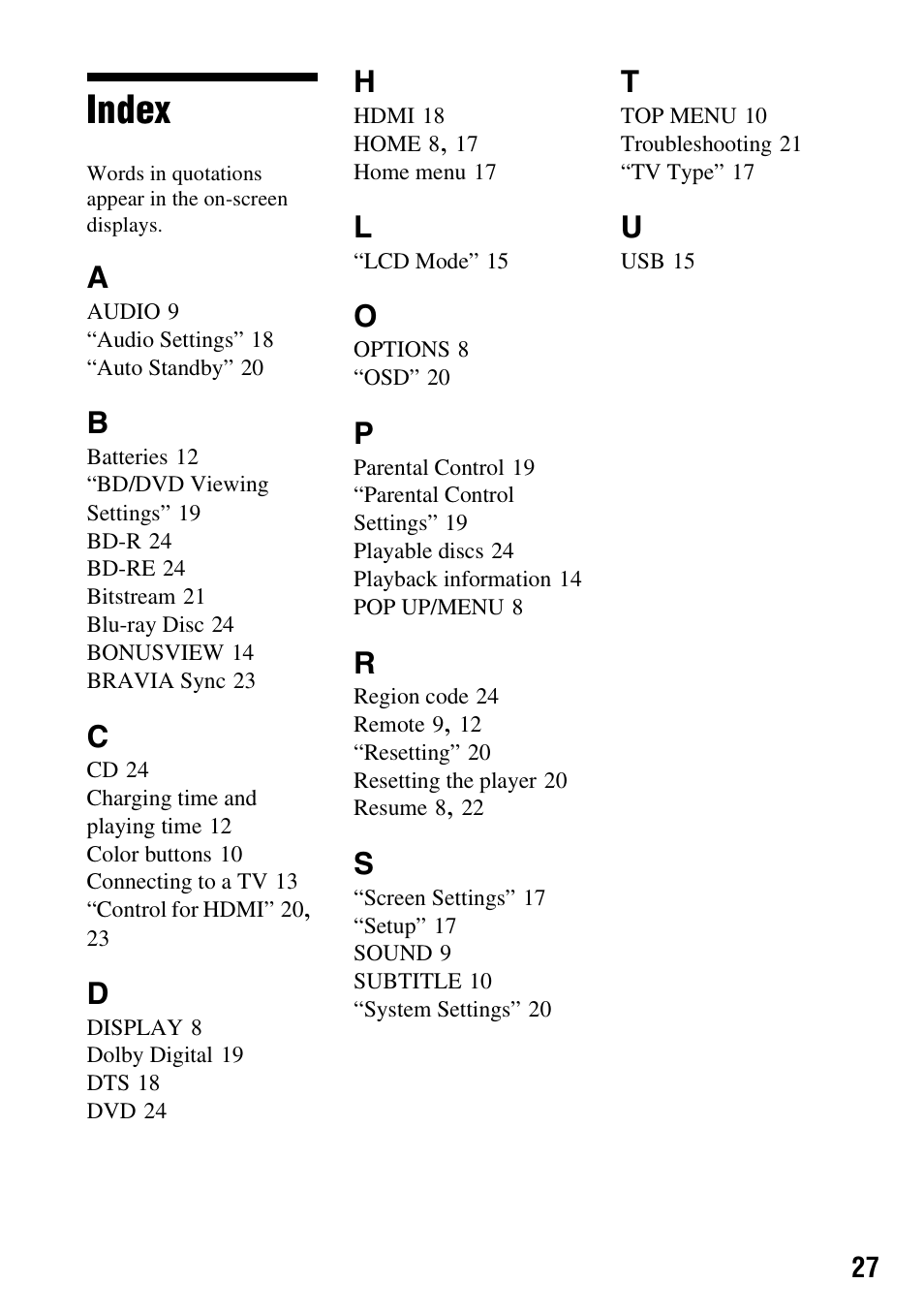 Index | Sony BDP-SX910 User Manual | Page 27 / 28