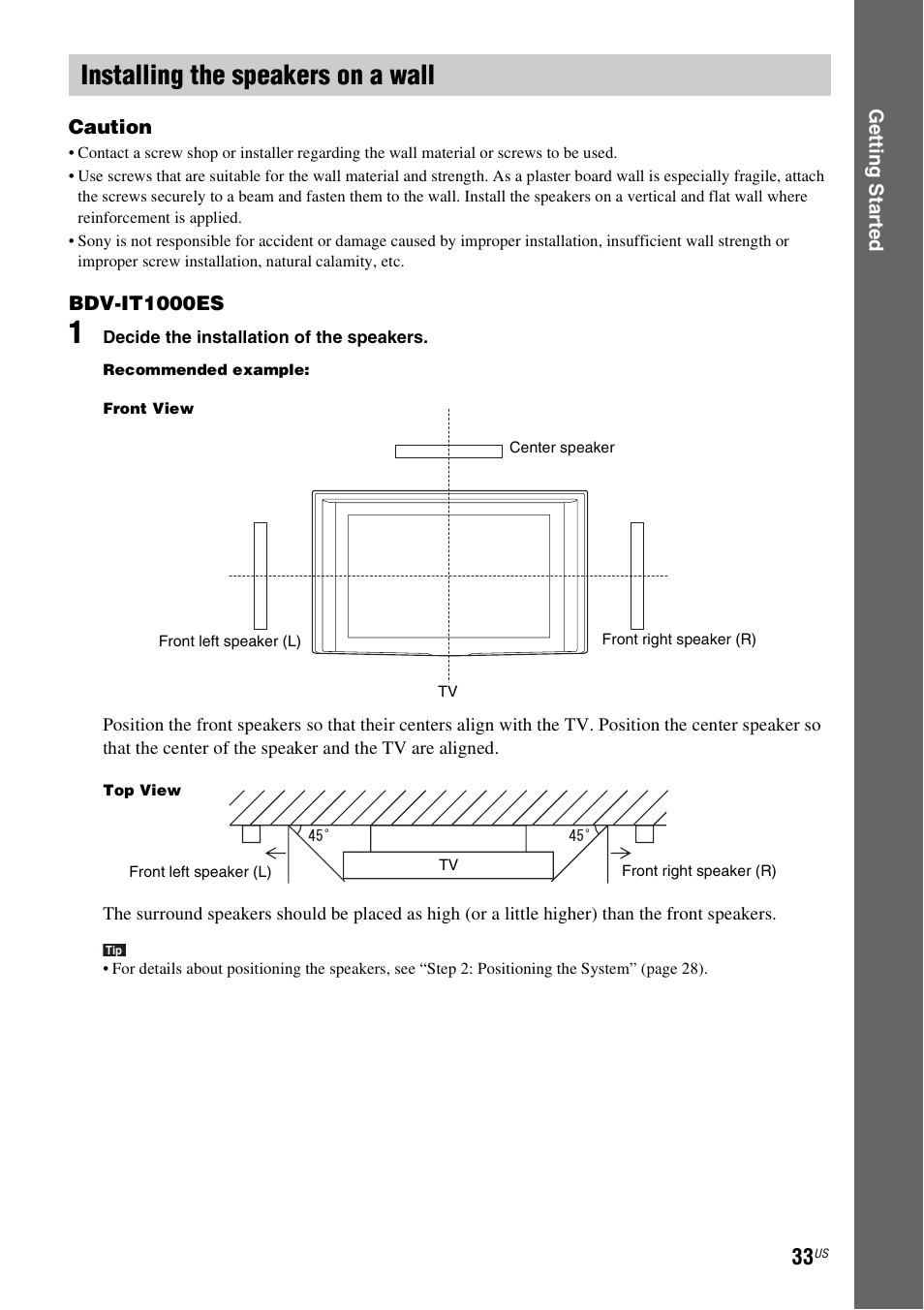 Installing the speakers on a wall | Sony BDV-IT1000ES User Manual | Page 33 / 155