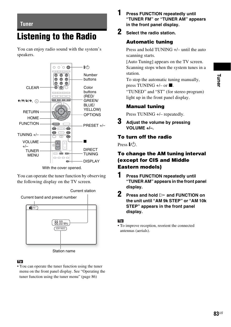 Tuner, Listening to the radio, Y (83) | Sony BDV-IT1000ES User Manual | Page 83 / 155