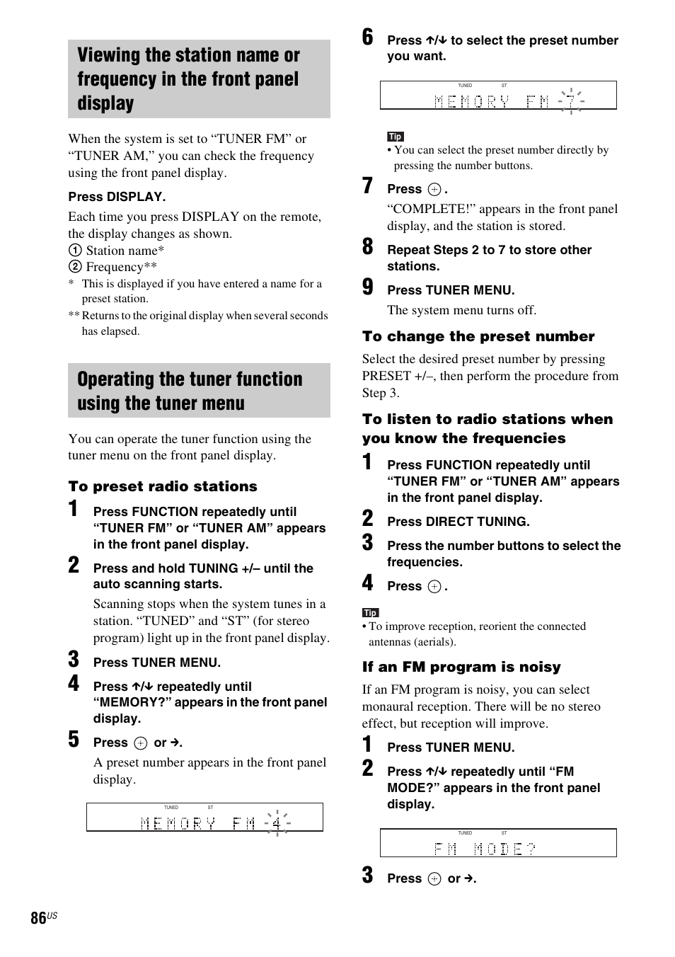 Operating the tuner function using the tuner menu, Ng (86) | Sony BDV-IT1000ES User Manual | Page 86 / 155