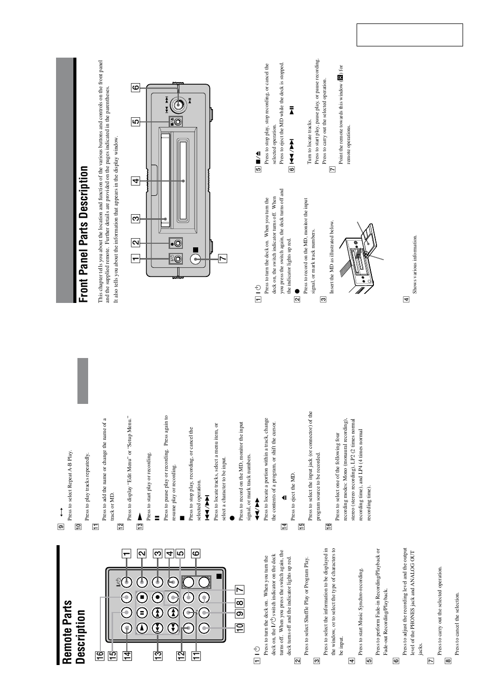 Remote parts description, Front panel parts description, 4location and function of p a rt s | Sony MDS-PC3 User Manual | Page 11 / 62
