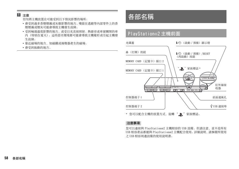 各部名稱, Playstation, 2 主機前面 | Sony SCPH-75006 User Manual | Page 58 / 104