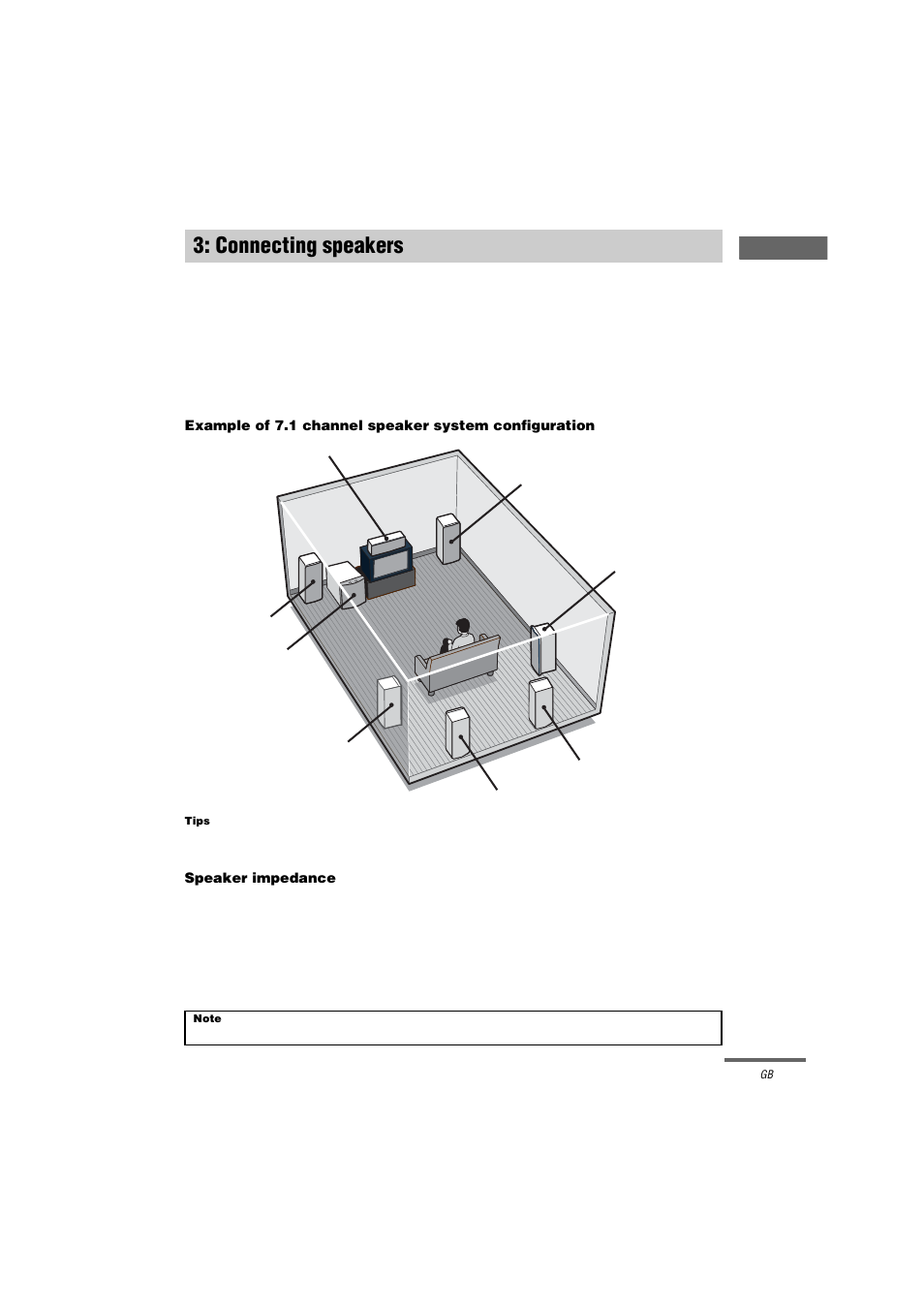 Connecting speakers, Tips, Speaker impedance | Note | Sony STR-DA9000ES User Manual | Page 17 / 68
