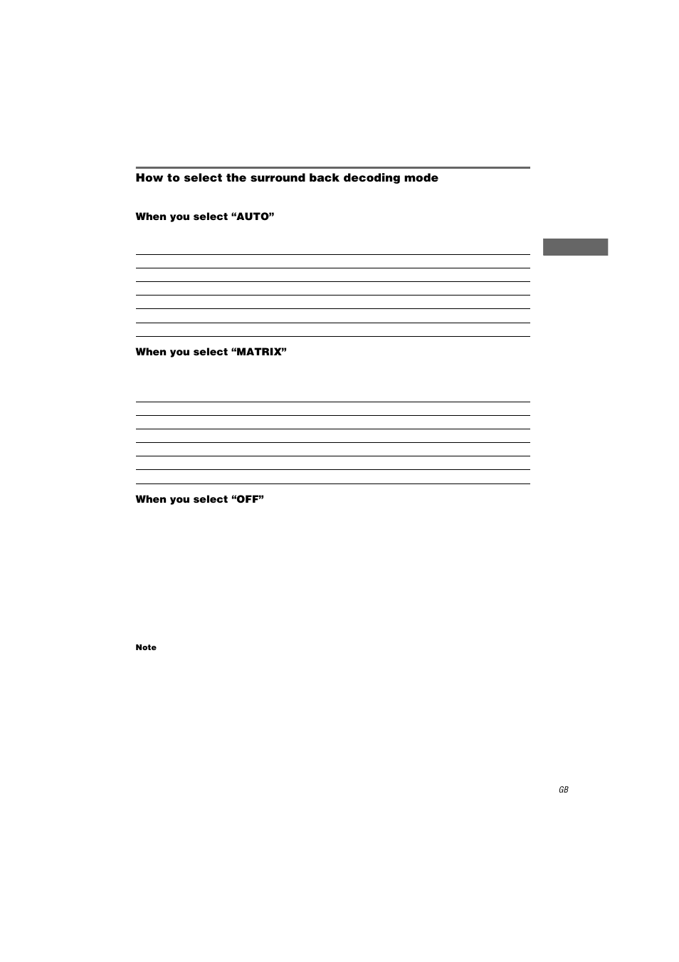 How to select the surround back decoding mode, When you select “auto, When you select “matrix | When you select “off, Note | Sony STR-DA9000ES User Manual | Page 35 / 68