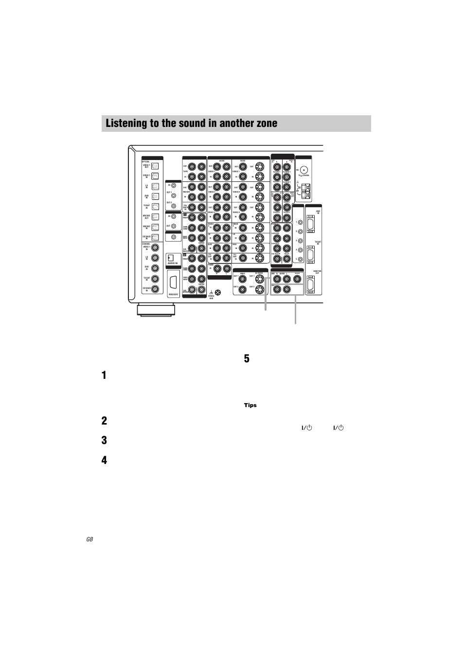 Listening to the sound in another zone, 1 press 2nd zone or 3rd zone, 2 turn on the main receiver (this receiver) | 3 turn on the amplifier in the 2nd or 3rd zone, Tips, Listening to the sound in another zone. 52, Press 2nd zone or 3rd zone, Turn on the main receiver (this receiver), Turn on the amplifier in the 2nd or 3rd zone, Zone out 2nd zone out 3rd | Sony STR-DA9000ES User Manual | Page 52 / 68