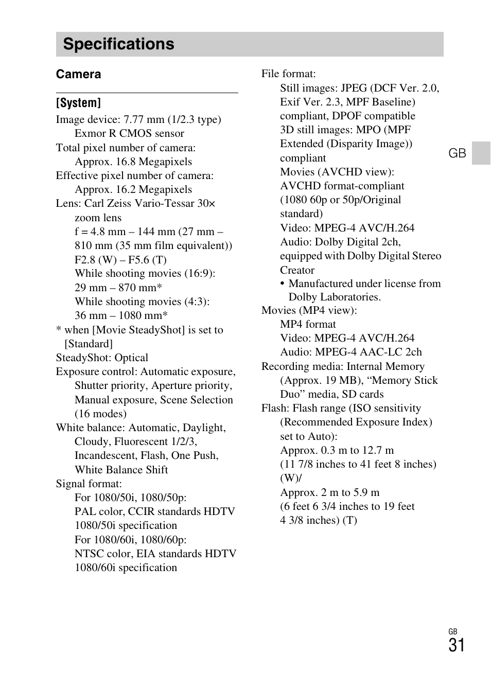 Specifications | Sony CYBER-SHOT AC-L200D User Manual | Page 31 / 64