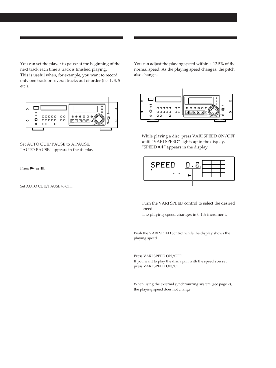 Pausing at each track (auto pause), Changing the playing speed (variable speed play), Playing cds | Sony CDP-D500 User Manual | Page 15 / 68
