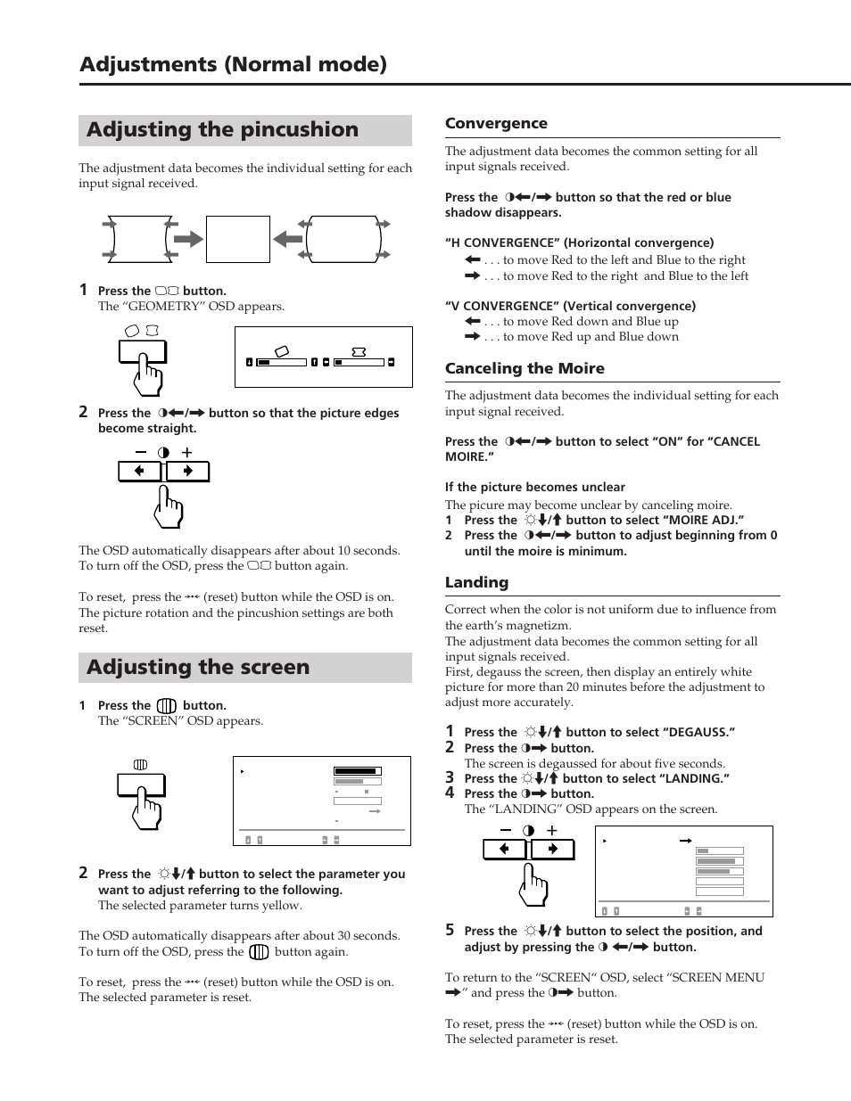 Adjusting the pincushion, Adjusting the screen, Adjustments (normal mode) | Sony GDM-90W01T User Manual | Page 10 / 91